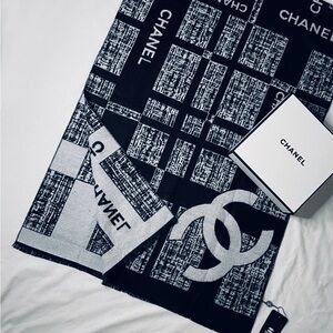 CHANEL Black and White Graphic Logo Scarf